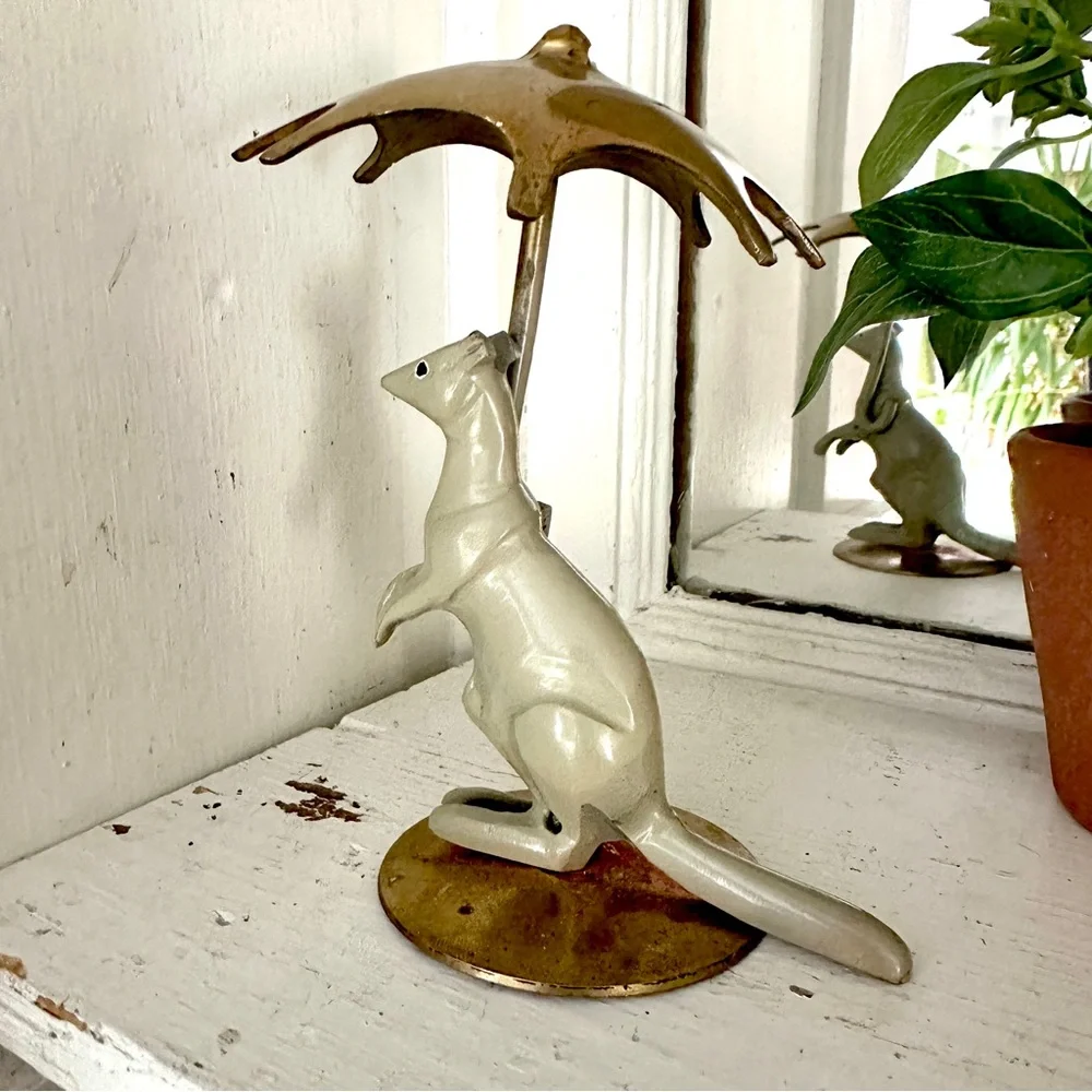 Vintage Brass Kangaroo with an Umbrella Figurine Statue Painted 5x4” Animal